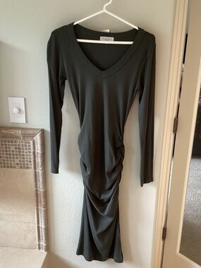 Michael Stars Tarragon Green Long-Sleeve V-Neck Ruched Maxi Dress